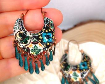 Turquoise patina koperen oorringen: Portugese tegelreplica