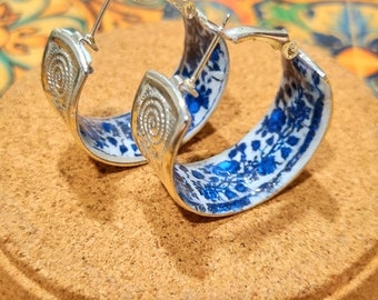 Lightweight Ribbon Hoop Earrings with Portuguese Tile Design, Silver Finish Stainless Steel, Perfect for Casual or Formal Wear, gift for her