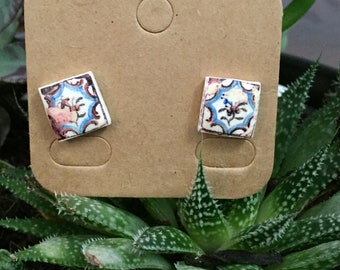 Post Stud earrings made in Portugal gift for mom, Small square earrings with antique Portuguese Tile replica.