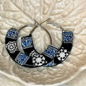 Portuguese Tile Hoop Earrings: Lightweight Medium Hoops