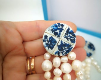 Large post earrings in retro style, with replica of Portuguese tile, earrings for the day and wedding, round earrings.