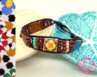 Stackable cuff bracelet by Luso Tiles, Leather bracelet with acrylic beads and miniature tiles, exclusive jewelry