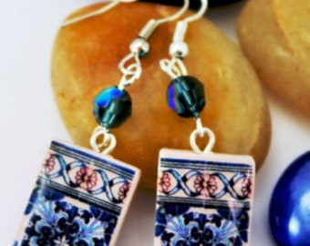 Petrol blue earrings, Geometric dangle earrings, vintage tile replica, polymer clay replica tile, elegant lady jewelry