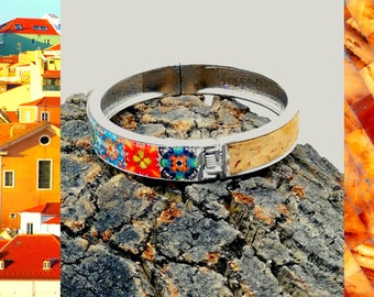 Stainless steel cork and ceramic bracelet, cuff hinged bracelet, modern and special gift for her, colorful bracelet with replica tile