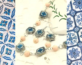 Romantic style choker and earrings set, Delicate necklace and earrings set, miniature Portuguese tiles, unique gift for the romantic woman