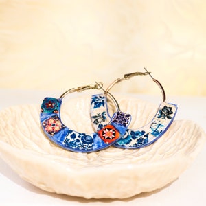 Flat hoop earrings with Portuguese tiles, lightweight hoop earrings with multi-colored tile replicas, gift for her