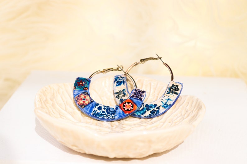 Flat hoop earrings with Portuguese tiles lightweight hoop image 1