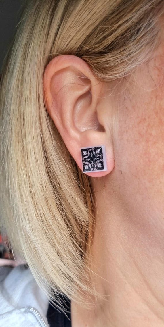 UV Resin Earrings: Portuguese Tile Design, Small Square Studs