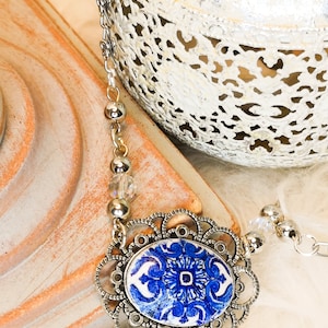 Current bohemian choker, Antique Portuguese tile, Mothers Day Gift, Special gift for her. short silver necklace.