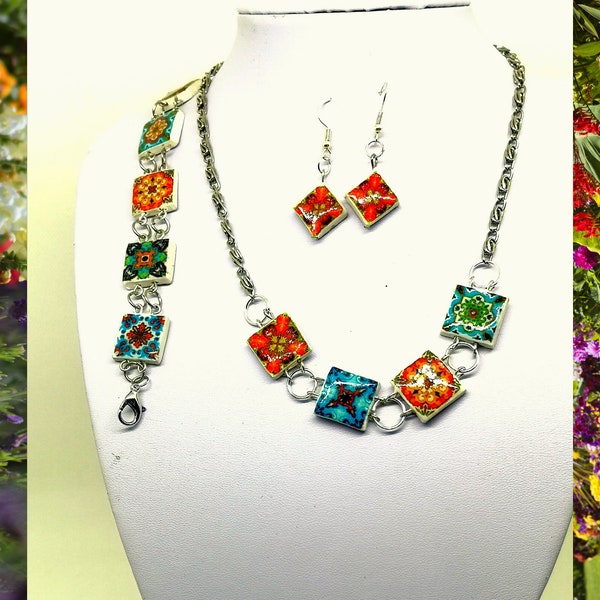 Three piece set with colorful and summer tiles, Necklace bracelet and earrings, pieces of handmade jewelry for modern woman