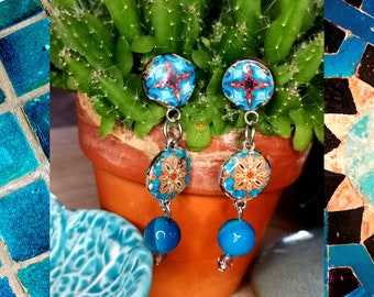 Long earrings of Hanging circles, Long colorful vintage style earrings, portugues tiles replica, special gift for her.