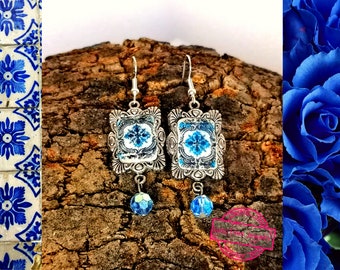 Miniature Vintage Rectangular Frame Dangle Earrings, Antique Blue and White Portuguese Tile Replica Earrings