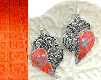 Orange tile heart earrings, silver filigree dangle earrings, Portuguese jewelry for elegant women, silver filigree heart