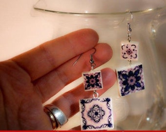 Long lightweight earrings with two polymer clay squares,  earrings reversible with Portuguese tile.