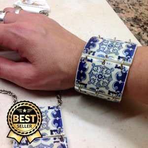 Striking set, Bracelet and necklace with Portuguese tile miniatures, Mother&#39;s day gift jewelry set, Gift for her.