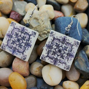 Square tile reversible earrings, geometric earrings, portuguese tile replica, modern jewelry for stylish women image 6