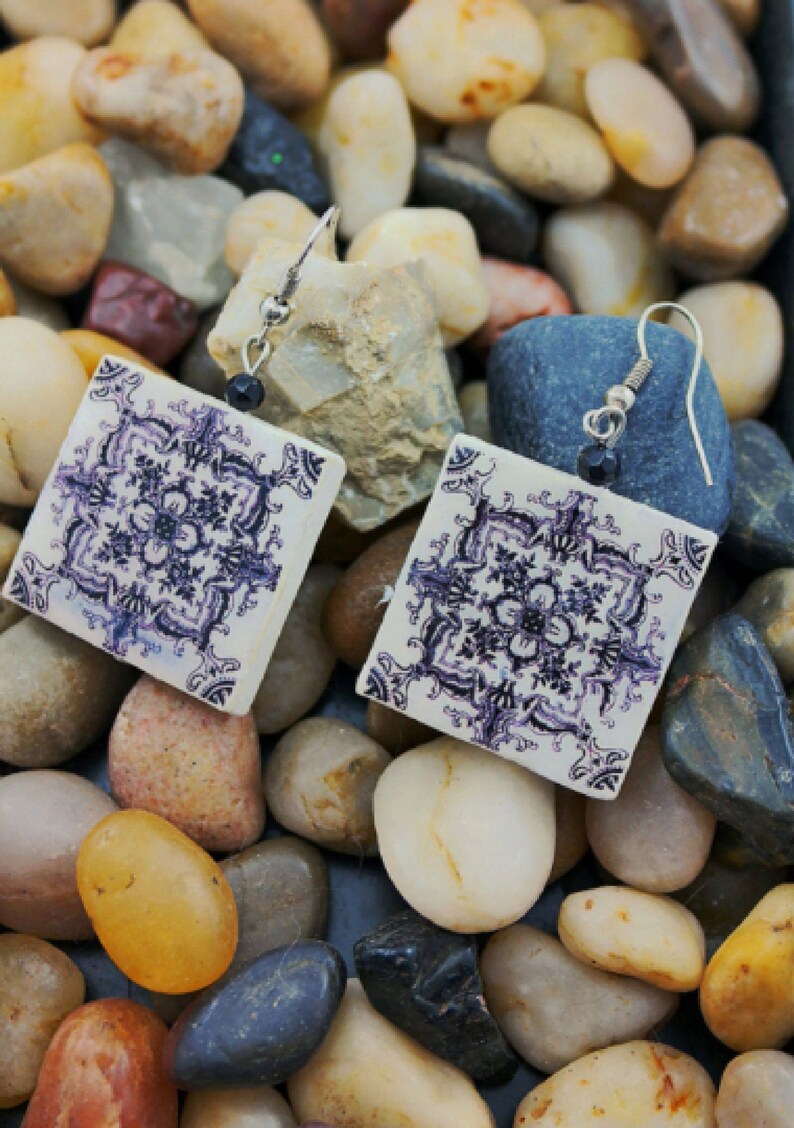 Square tile reversible earrings, geometric earrings, portuguese tile replica, modern jewelry for stylish women image 6