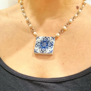 Elegant River Pearl Necklace with Portuguese Tile Replica, Handmade Women&#39;s Accessory