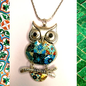 Colorful Owl Pendant Necklace with Portuguese Tile Designs - Handmade Stainless Steel Jewelry for Women in Gift Box