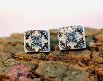 Small tile post stud earrings, minimalist square earrings for women, miniature blue and white tile replica, special gift for her