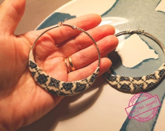 Portuguese Tile Hoop Earrings: Silver Tone, Lightweight Ceramic