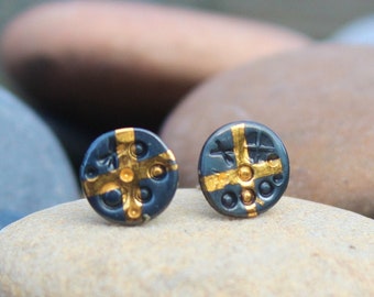 Sterling silver and 24 carat gold ear studs, handmade small 8mm Keum boo earring studs featuring gold crosses and embossed shapes.