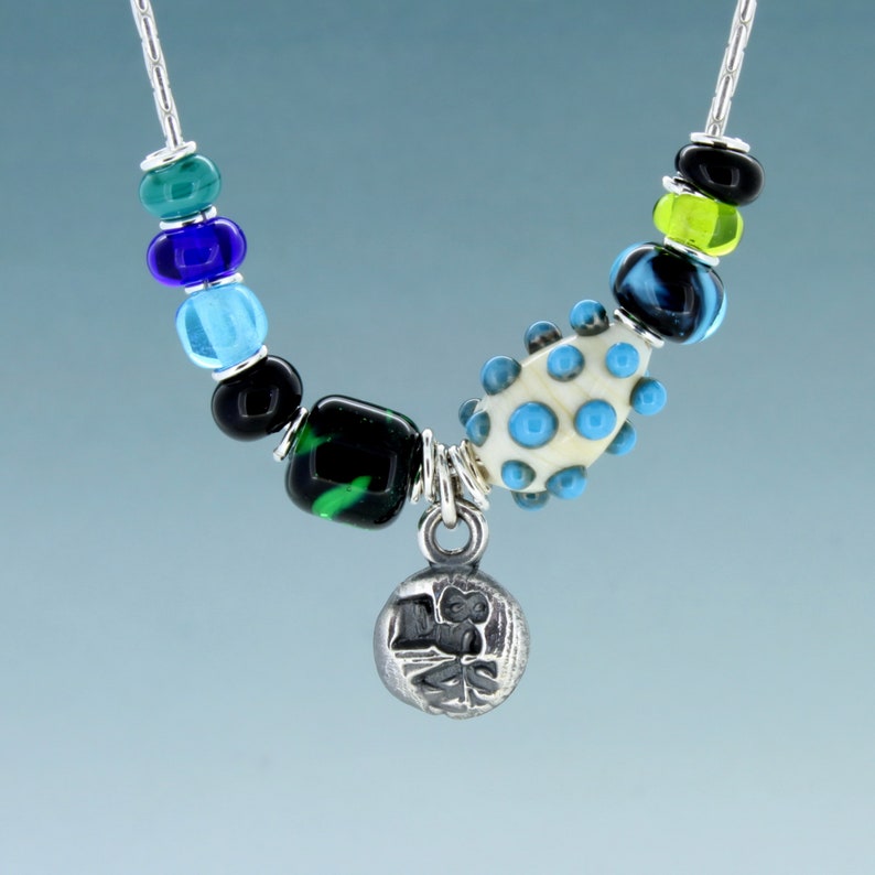 accessories lampwork necklace blue green necklace silver chain modern design handmade contemporary glass bead necklace jewelry