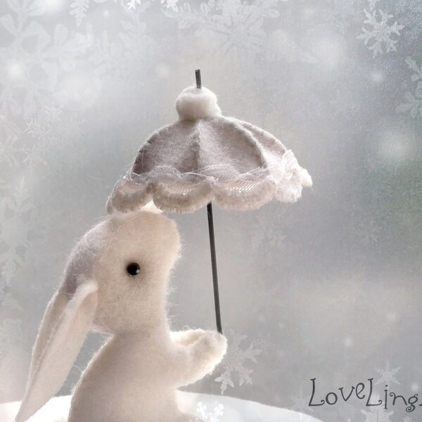 Mini  bunny with little parasol,  hand made unique felt rabbit