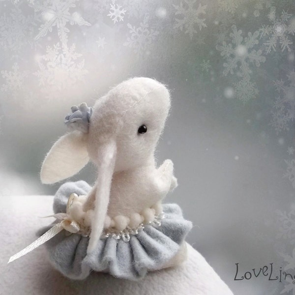 Mini bunny, white felt deco plushie, unique artist rabbit with movable arms