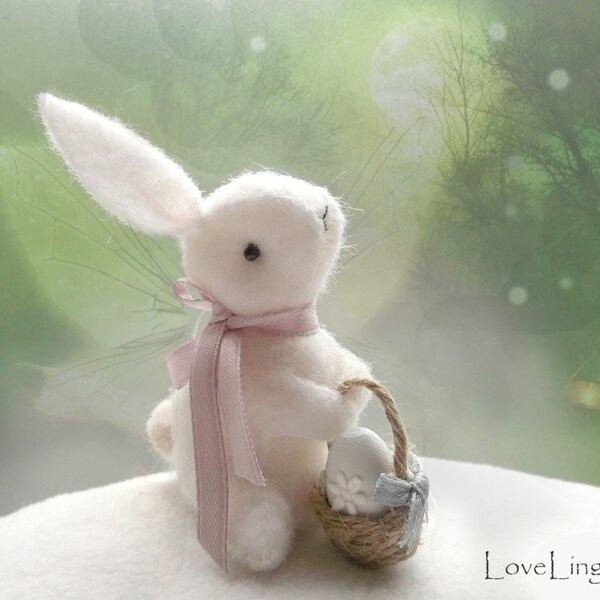 Felt bunny, romantic white handmade little woodland LoveLingZ rabbit with miniature basket