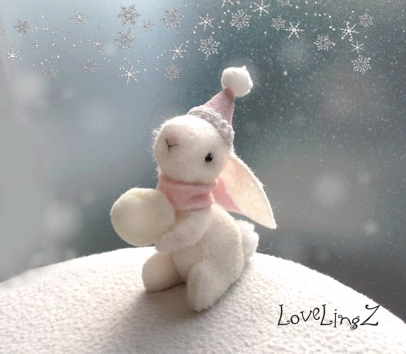 Holidays rabbit with pink hat and snow ball, unique handmade artist mini plushie, LoveLingZ Collection 