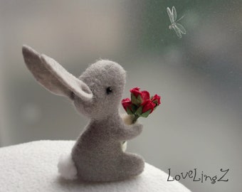 Rabbit with roses , artist felt bunny in lovely gift box, LoveLingZ Collection