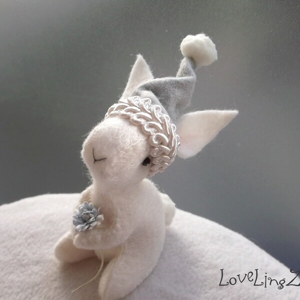 Bunny with hat, unique felt pose-able woodland mini rabbit plushie