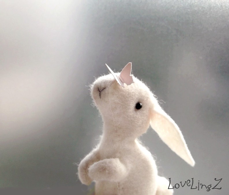 White bunny, felt artist rabbit with butterfly, Hand Made To Order in gift box 