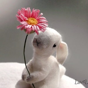 Spring bunny with daisy, felt mini plushie, pose-able artist rabbit - Made To Order, especially for you!