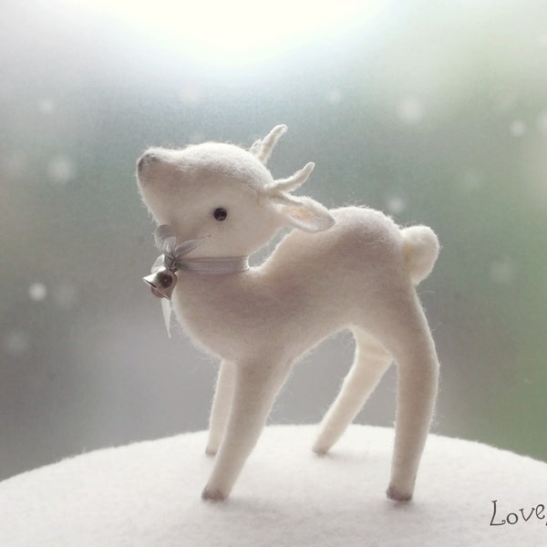 Felt Fawn, white deer baby, hand made pose-able artist mini plushie