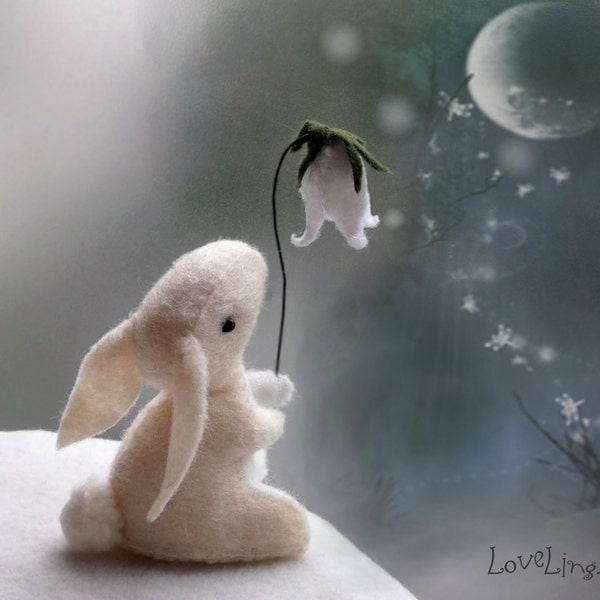 Felt bunny with snowdrop flower, white enchanted forest artist mini rabbit