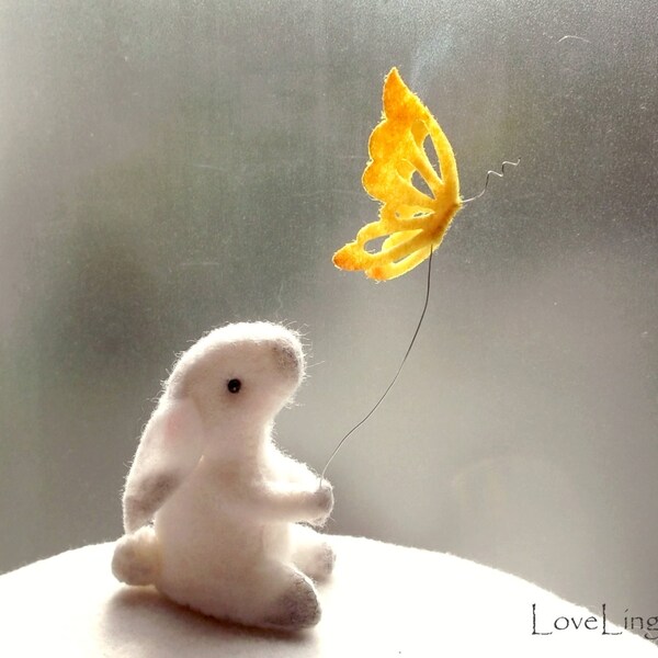 Felt butterfly bunny,  small white posable artist rabbit
