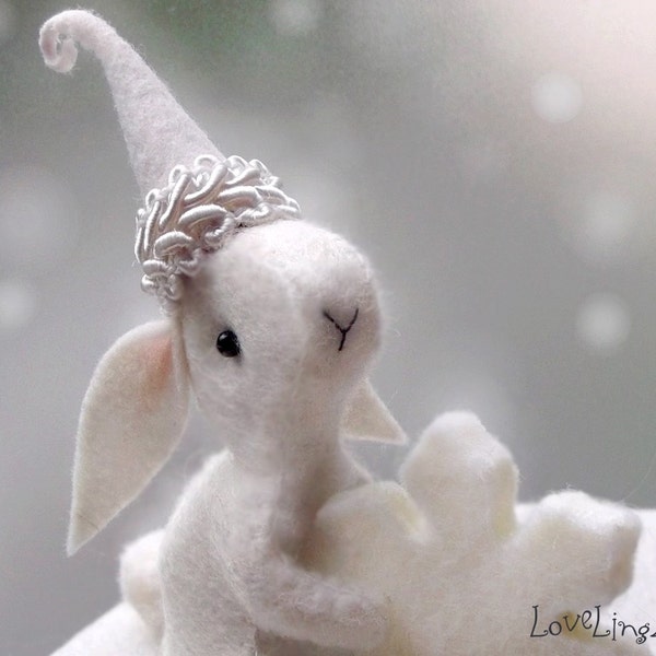 Snow bunny fairy with snowflake, white felt handmade pose-able artist rabbit