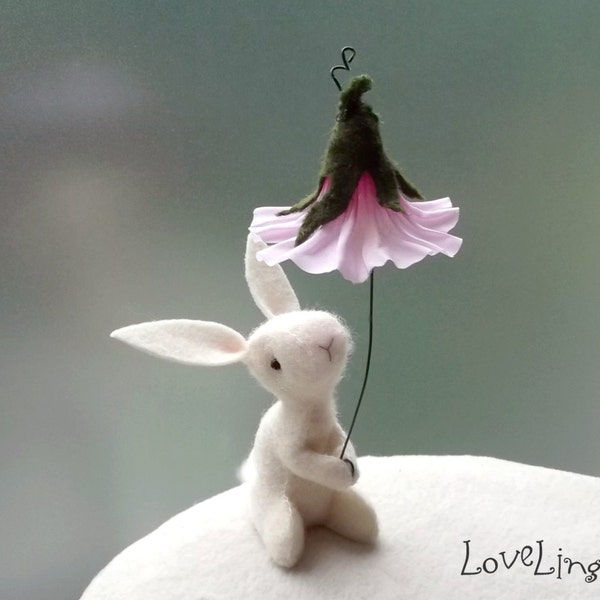 Felt mini bunny with flower umbrella, hand stitched miniature rabbit plushie