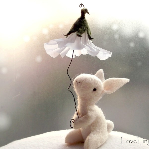 Rabbit with fairy flower umbrella, pastel felt enchanted forest artist mini plushie