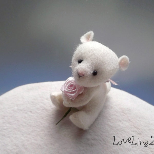 Mini teddy bear, felt kawaii artist plushie with pose-able arms.