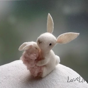 Baby rabbit and mommy bunny, hand made artist bunnies in beautiful gift box, Made to Order. LoveLingZ collection