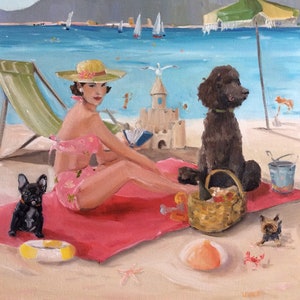 A Day in St. Tropez - Fine Art Print, Whimsical Art, Dogs, Beach Scene, The French Riviera, Sunshine and Sand, Giglee Print