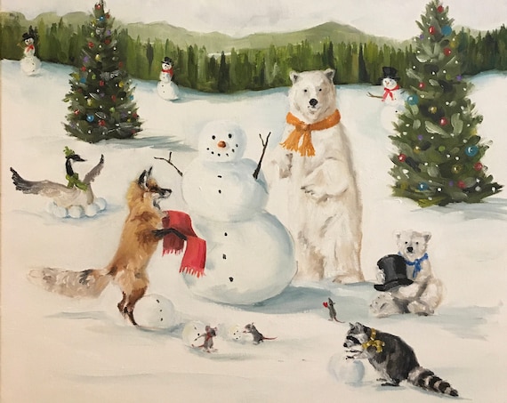 The Happiest Snowman -  5 x 7 Fine Art Print, Winter Scene, Animal Art, North Pole, Christmas, Whimsical Art, Giclee Print, French Canvas