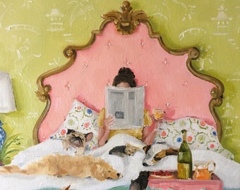 The Saturday Paper - Fine Art Print, skurrile Kunst, Hundedruck, Giclée-Druck, Hundekunst, Dame im Bett mit Hunden