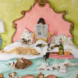 The Saturday Paper - Fine Art Print, Giclée, Giclee Print, Dog Art, Lady in Bed with Dogs, Original Art, Whimsical, Whimsical Art