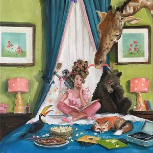 May include: A painting of a girl reading a book in bed with a giraffe, monkey, bear, and fox. The bed is decorated with colorful pom-poms and a blue blanket. There is a record player, popcorn, and pizza on the bed.