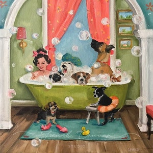 The Bubblebath -  Fine Art Print, Whimsical Wall Art, Dogs, Dog Art, Giclée Print, Bath, Fun Art, Giclée, Giclee Print, Art Print, Artwork