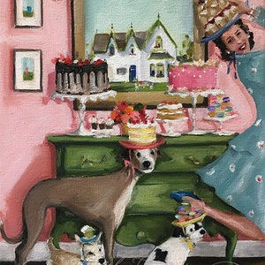 The Happy Baker - Fine Art Print, Fun and Happy Art, Wall Art, Giclée, Giclee Print, Cake Art, Dog Art, Whimsical